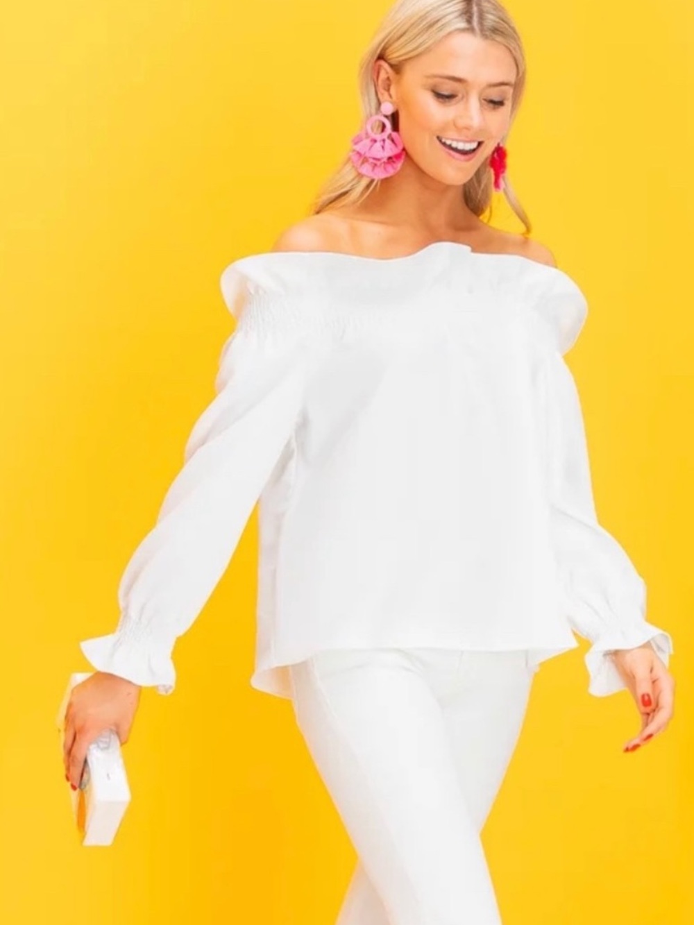Tuckernuck White Off Shoulder Smocked Ruffle Blouse Top Size Small